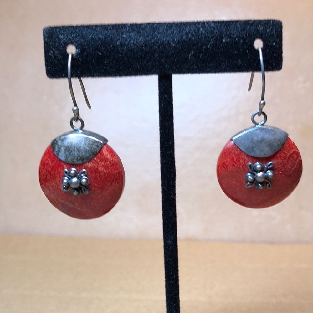 Red coral and sterling silver earrings